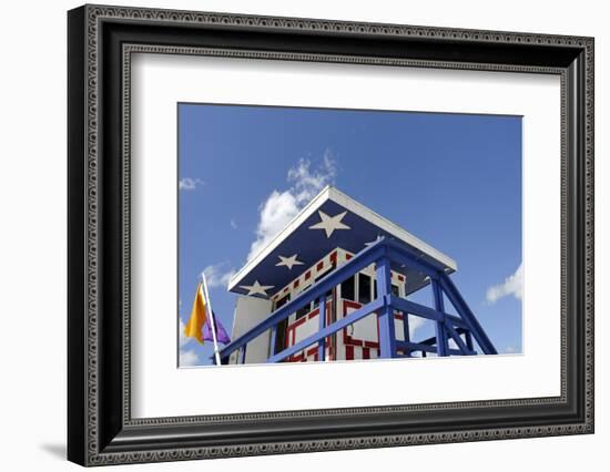 Beach Lifeguard Tower '13 St', with Paint in Style of the Us Flag, Miami South Beach-Axel Schmies-Framed Photographic Print