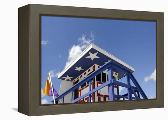 Beach Lifeguard Tower '13 St', with Paint in Style of the Us Flag, Miami South Beach-Axel Schmies-Framed Premier Image Canvas