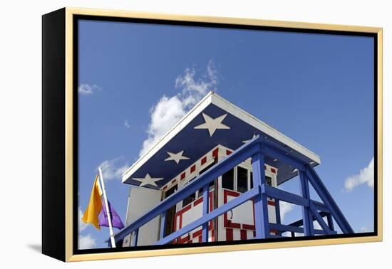 Beach Lifeguard Tower '13 St', with Paint in Style of the Us Flag, Miami South Beach-Axel Schmies-Framed Premier Image Canvas