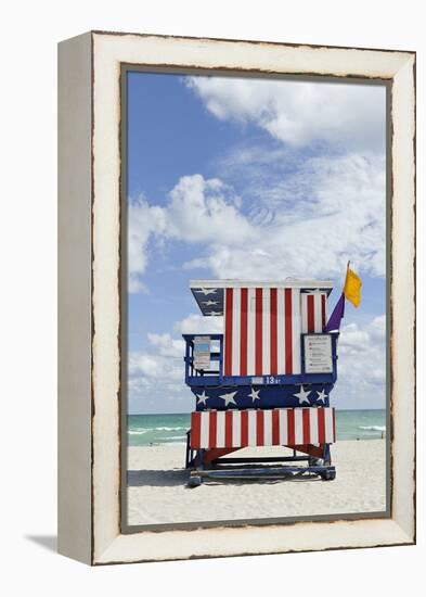 Beach Lifeguard Tower '13 St', with Paint in Style of the Us Flag, Miami South Beach-Axel Schmies-Framed Premier Image Canvas