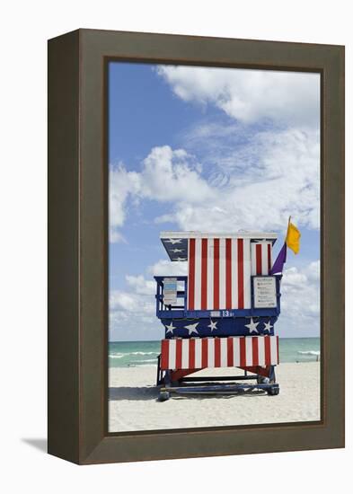 Beach Lifeguard Tower '13 St', with Paint in Style of the Us Flag, Miami South Beach-Axel Schmies-Framed Premier Image Canvas