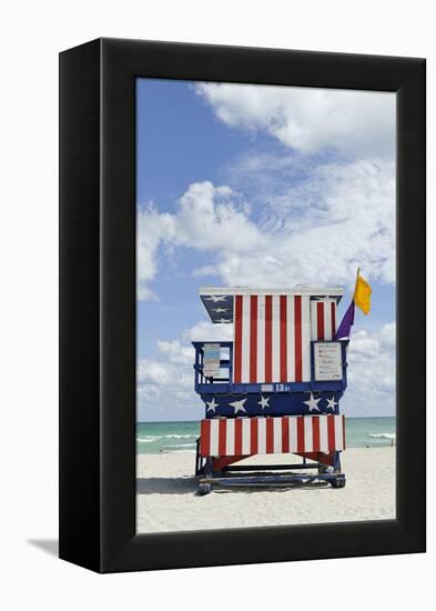 Beach Lifeguard Tower '13 St', with Paint in Style of the Us Flag, Miami South Beach-Axel Schmies-Framed Premier Image Canvas