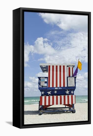 Beach Lifeguard Tower '13 St', with Paint in Style of the Us Flag, Miami South Beach-Axel Schmies-Framed Premier Image Canvas