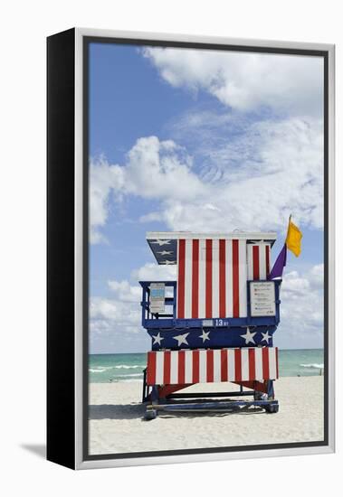 Beach Lifeguard Tower '13 St', with Paint in Style of the Us Flag, Miami South Beach-Axel Schmies-Framed Premier Image Canvas