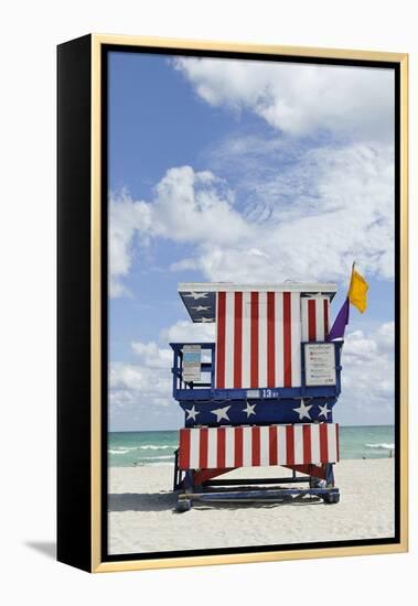 Beach Lifeguard Tower '13 St', with Paint in Style of the Us Flag, Miami South Beach-Axel Schmies-Framed Premier Image Canvas