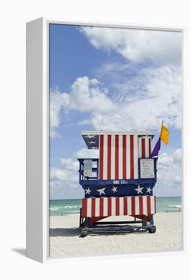 Beach Lifeguard Tower '13 St', with Paint in Style of the Us Flag, Miami South Beach-Axel Schmies-Framed Premier Image Canvas