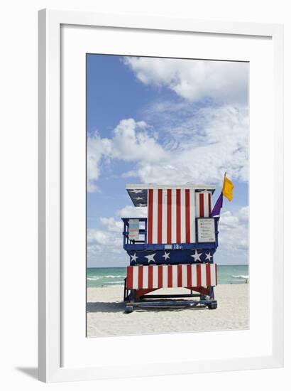 Beach Lifeguard Tower '13 St', with Paint in Style of the Us Flag, Miami South Beach-Axel Schmies-Framed Photographic Print