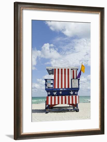 Beach Lifeguard Tower '13 St', with Paint in Style of the Us Flag, Miami South Beach-Axel Schmies-Framed Photographic Print