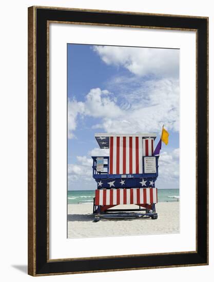 Beach Lifeguard Tower '13 St', with Paint in Style of the Us Flag, Miami South Beach-Axel Schmies-Framed Photographic Print