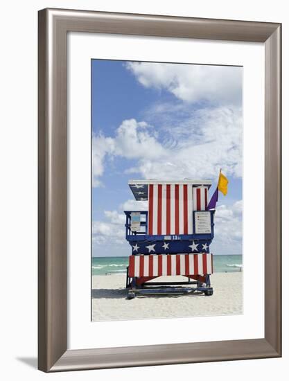 Beach Lifeguard Tower '13 St', with Paint in Style of the Us Flag, Miami South Beach-Axel Schmies-Framed Photographic Print