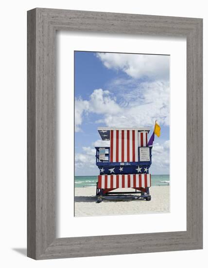 Beach Lifeguard Tower '13 St', with Paint in Style of the Us Flag, Miami South Beach-Axel Schmies-Framed Photographic Print