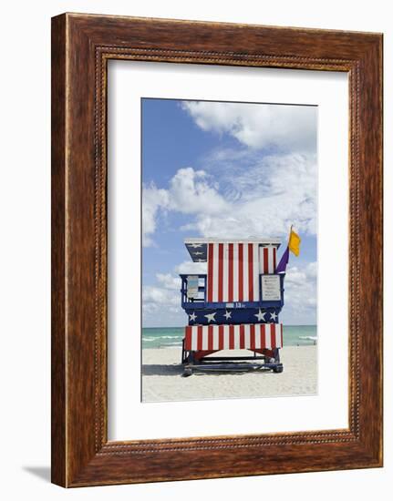 Beach Lifeguard Tower '13 St', with Paint in Style of the Us Flag, Miami South Beach-Axel Schmies-Framed Photographic Print