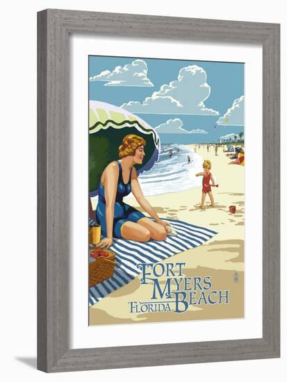 Beach Scene - Fort Myers Beach, Florida-Lantern Press-Framed Art Print