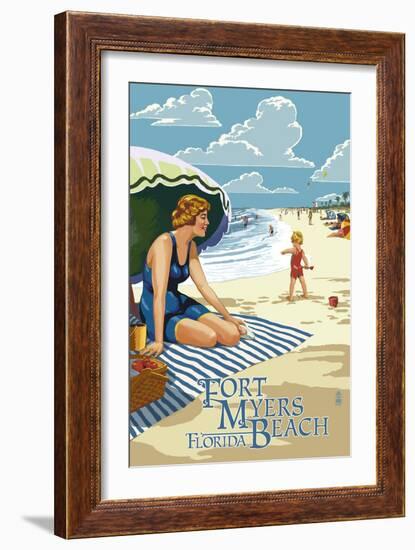 Beach Scene - Fort Myers Beach, Florida-Lantern Press-Framed Art Print