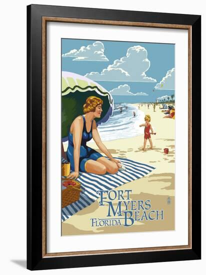 Beach Scene - Fort Myers Beach, Florida-Lantern Press-Framed Art Print