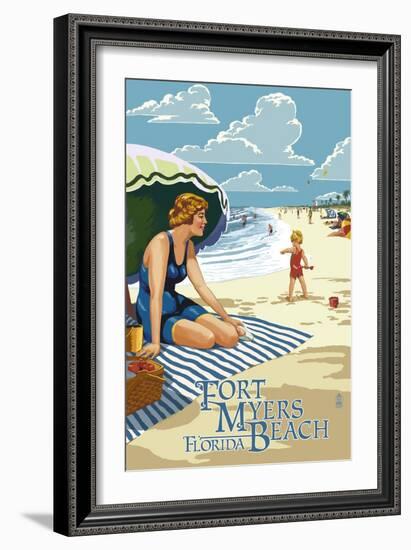 Beach Scene - Fort Myers Beach, Florida-Lantern Press-Framed Art Print