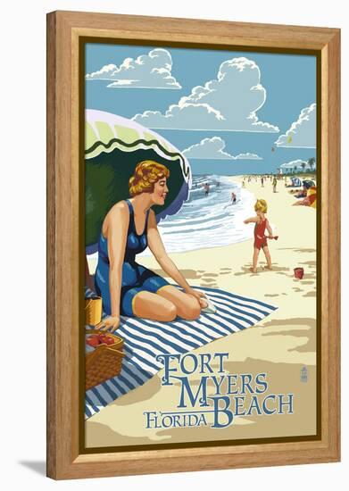 Beach Scene - Fort Myers Beach, Florida-Lantern Press-Framed Stretched Canvas