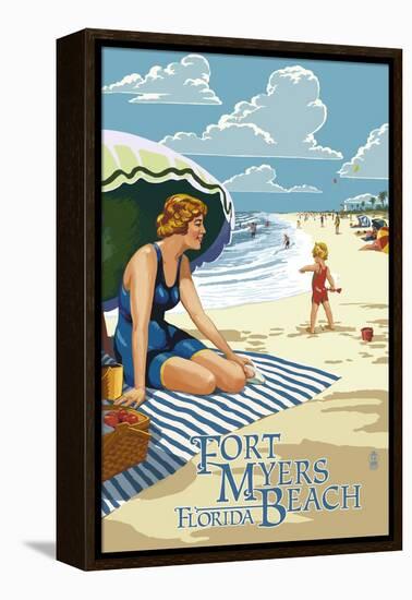 Beach Scene - Fort Myers Beach, Florida-Lantern Press-Framed Stretched Canvas