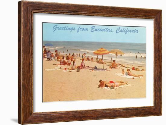 Beach Scene, Greetings from Encinitas, California-null-Framed Art Print