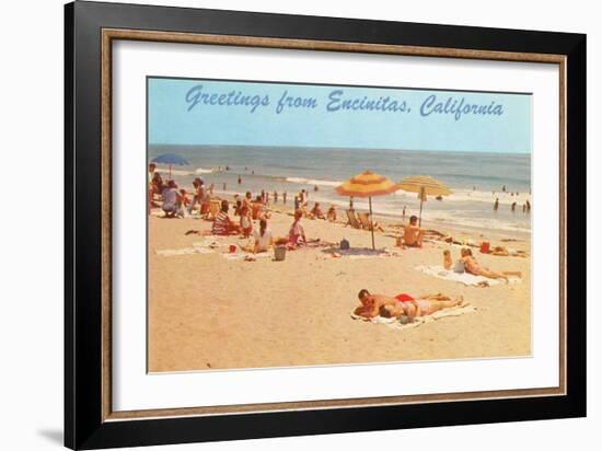 Beach Scene, Greetings from Encinitas, California-null-Framed Art Print
