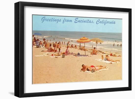 Beach Scene, Greetings from Encinitas, California-null-Framed Art Print