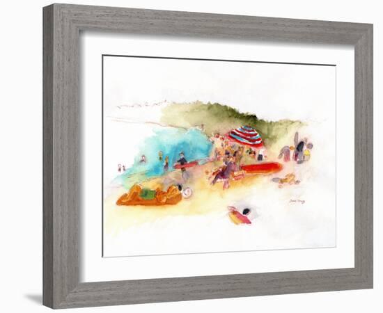 Beach Sunbathers and Surfers at Hanalei Bay, C.2019 (Watercolor and Pencil on Paper)-Janel Bragg-Framed Giclee Print