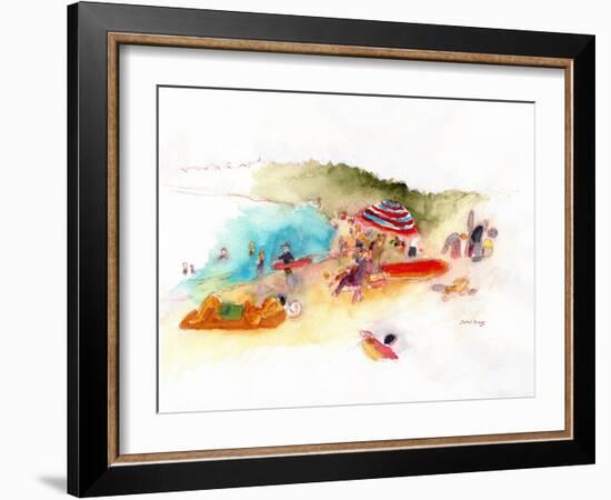 Beach Sunbathers and Surfers at Hanalei Bay, C.2019 (Watercolor and Pencil on Paper)-Janel Bragg-Framed Giclee Print