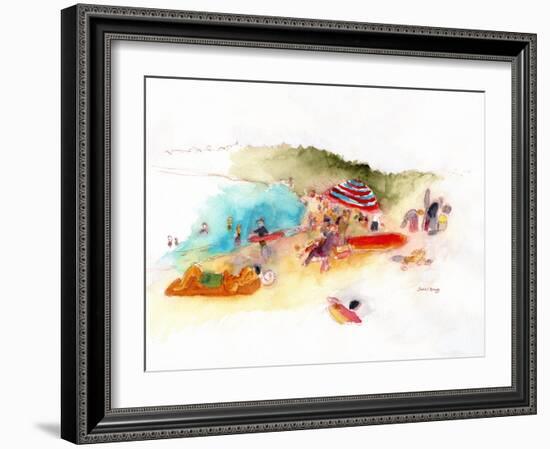 Beach Sunbathers and Surfers at Hanalei Bay, C.2019 (Watercolor and Pencil on Paper)-Janel Bragg-Framed Giclee Print