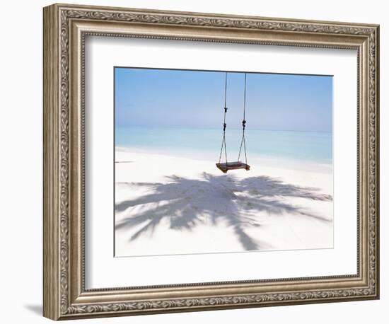 Beach Swing And Shadow of Palm Tree on Sand-null-Framed Photographic Print