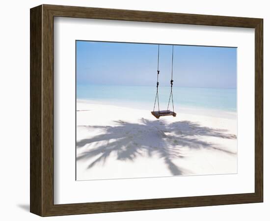 Beach Swing And Shadow of Palm Tree on Sand-null-Framed Photographic Print