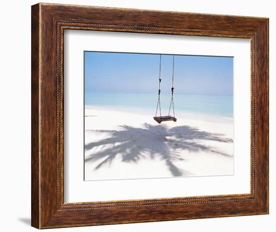 Beach Swing And Shadow of Palm Tree on Sand-null-Framed Photographic Print