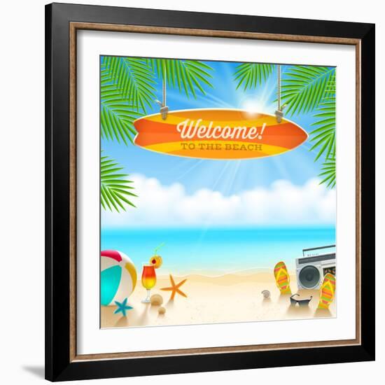 Beach Things and Old Surfboard with Greeting - Summer Holidays Vector Illustration-vso-Framed Art Print