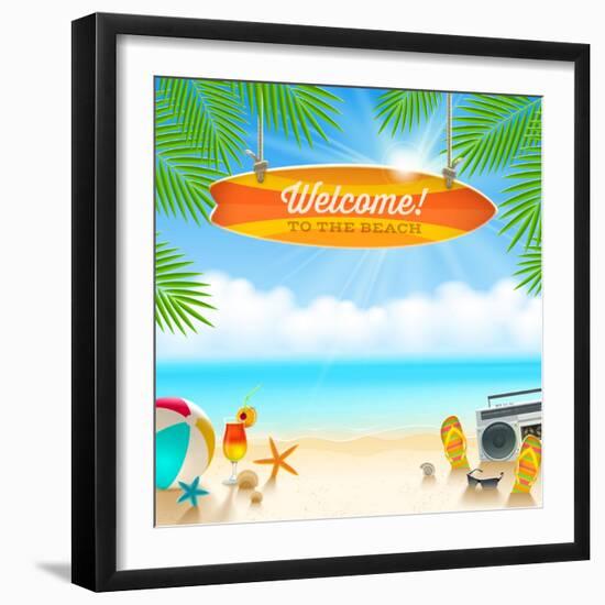 Beach Things and Old Surfboard with Greeting - Summer Holidays Vector Illustration-vso-Framed Art Print