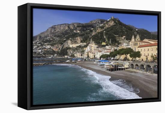 Beach, Town and Hills of Amalfi in Sunshine with Breaking Waves, Costiera Amalfitana (Amalfi Coast)-Eleanor Scriven-Framed Premier Image Canvas