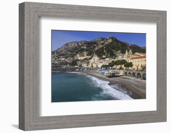 Beach, Town and Hills of Amalfi in Sunshine with Breaking Waves, Costiera Amalfitana (Amalfi Coast)-Eleanor Scriven-Framed Photographic Print