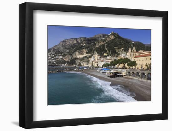 Beach, Town and Hills of Amalfi in Sunshine with Breaking Waves, Costiera Amalfitana (Amalfi Coast)-Eleanor Scriven-Framed Photographic Print