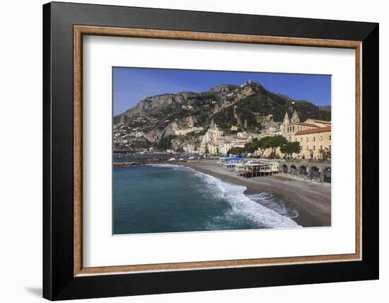 Beach, Town and Hills of Amalfi in Sunshine with Breaking Waves, Costiera Amalfitana (Amalfi Coast)-Eleanor Scriven-Framed Photographic Print