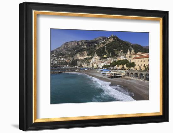 Beach, Town and Hills of Amalfi in Sunshine with Breaking Waves, Costiera Amalfitana (Amalfi Coast)-Eleanor Scriven-Framed Photographic Print