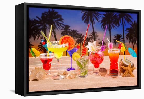 Beach Tropical Cocktails on White Sand Mojito Blue Hawaii on Sunset Palm Trees-holbox-Framed Premier Image Canvas