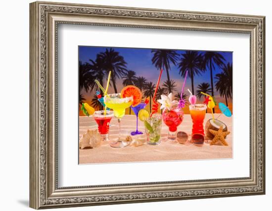 Beach Tropical Cocktails on White Sand Mojito Blue Hawaii on Sunset Palm Trees-holbox-Framed Photographic Print