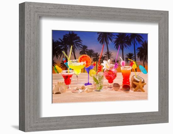 Beach Tropical Cocktails on White Sand Mojito Blue Hawaii on Sunset Palm Trees-holbox-Framed Photographic Print