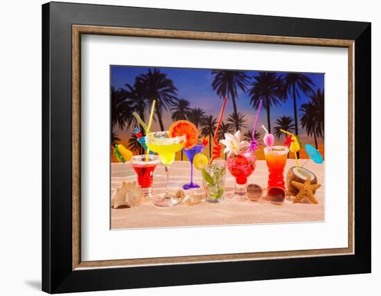 Beach Tropical Cocktails on White Sand Mojito Blue Hawaii on Sunset Palm Trees-holbox-Framed Photographic Print