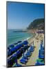 Beach umbrellas lining the beach in Monterosso al Mare, Cinque Terre, Italy.-Michael DeFreitas-Mounted Photographic Print