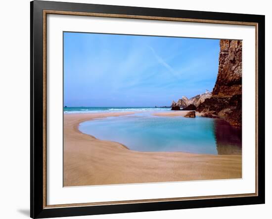 Beach with a Lighthouse in the Background, Pointe Du Toulinguet, Crozon, Finistere, Brittany-null-Framed Photographic Print