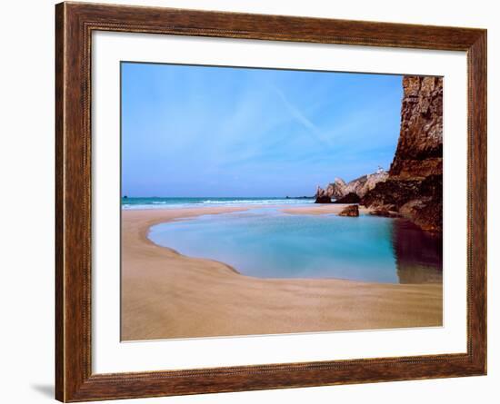 Beach with a Lighthouse in the Background, Pointe Du Toulinguet, Crozon, Finistere, Brittany-null-Framed Photographic Print