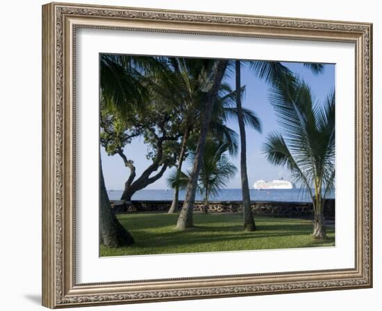 Beach with Cruise Ship off Shore, Kailua-Kona, Island of Hawaii (Big Island), USA-Ethel Davies-Framed Photographic Print