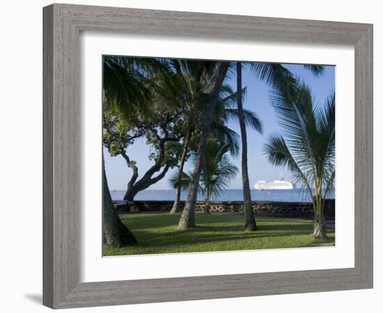 Beach with Cruise Ship off Shore, Kailua-Kona, Island of Hawaii (Big Island), USA-Ethel Davies-Framed Photographic Print