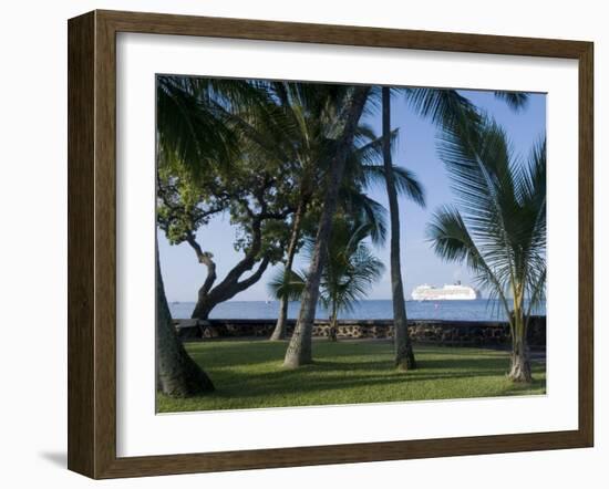 Beach with Cruise Ship off Shore, Kailua-Kona, Island of Hawaii (Big Island), USA-Ethel Davies-Framed Photographic Print