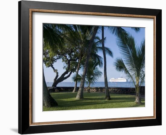 Beach with Cruise Ship off Shore, Kailua-Kona, Island of Hawaii (Big Island), USA-Ethel Davies-Framed Photographic Print