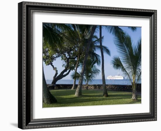 Beach with Cruise Ship off Shore, Kailua-Kona, Island of Hawaii (Big Island), USA-Ethel Davies-Framed Photographic Print